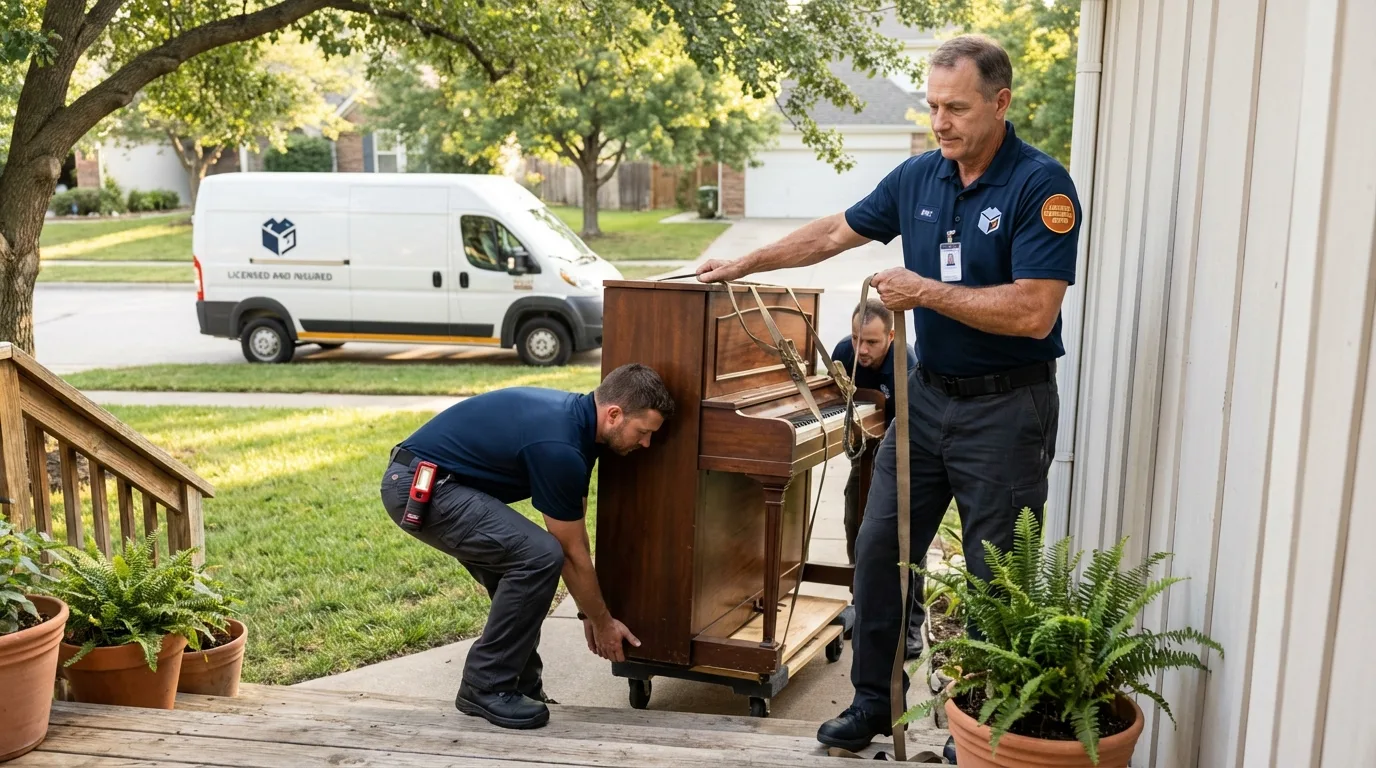 Licensed piano movers securing grand piano in Chester, SC