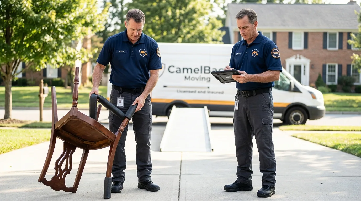 Movers inspecting furniture for damage prevention before loading in Chester, SC